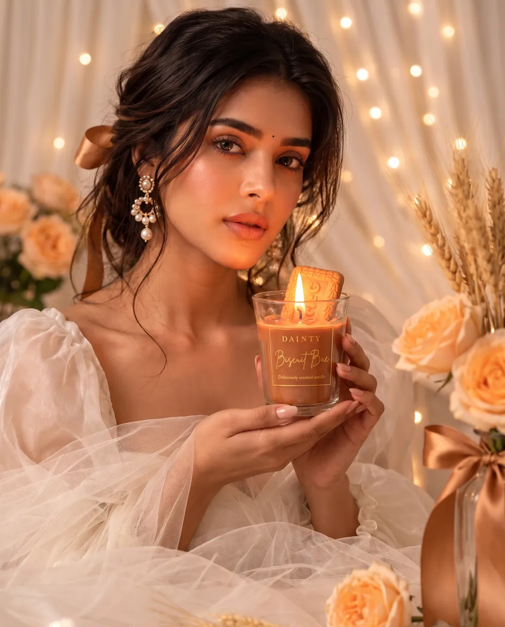 Model holding the Biscuit Bae candle
